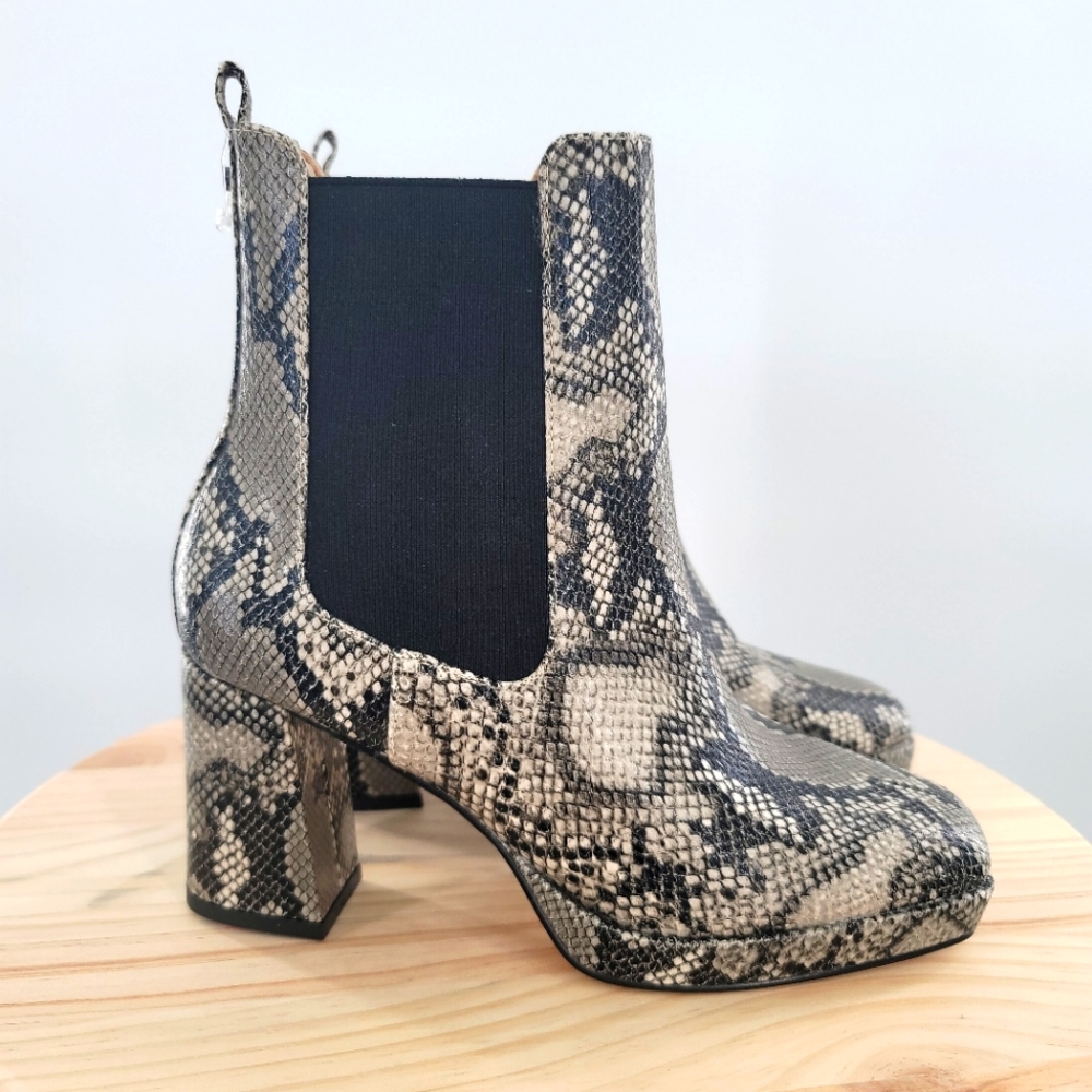 French Connection Women's Penny Chelsea Block Heel Boots, Snake Print Size 6